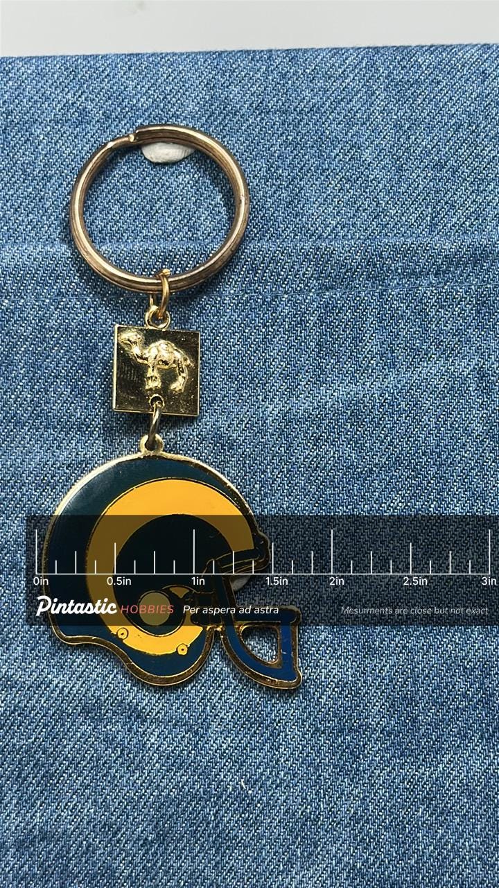 St Lous Rams Helmet Keychain: Vintage Camel Cigarettes Promo Football Key Ring with ruler overlay for size reference