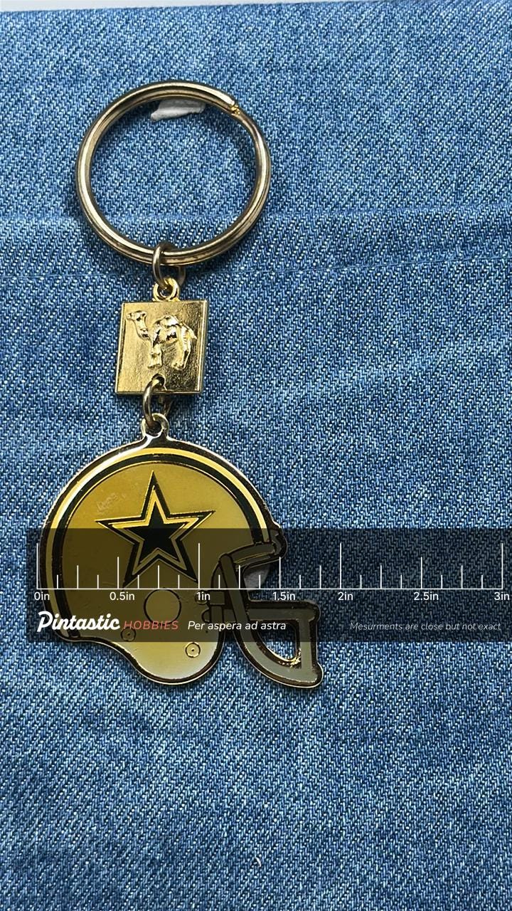 Dallas Cowboys Helmet Keychain: Vintage Camel Cigarettes Promo Football Key Ring with ruler overlay for size reference