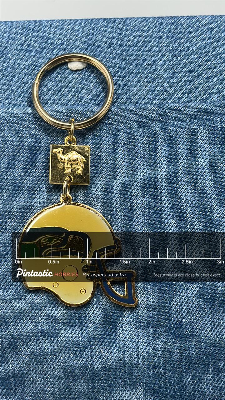 Seattle Seahawks Helmet Keychain: Vintage Camel Cigarettes Promo Football Key Ring with ruler overlay for size reference