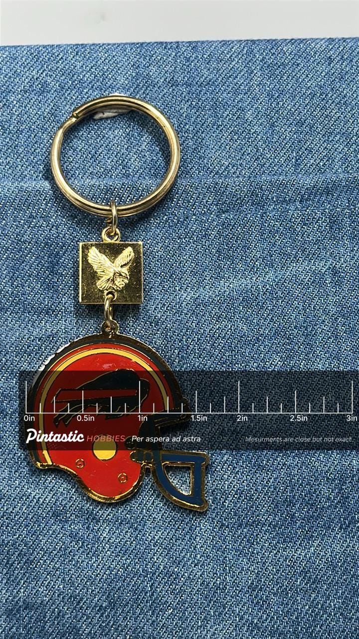 Buffalo Bills Helmet Keychain: Vintage Winston Cigarettes Promo Football Key Ring with ruler overlay for size reference