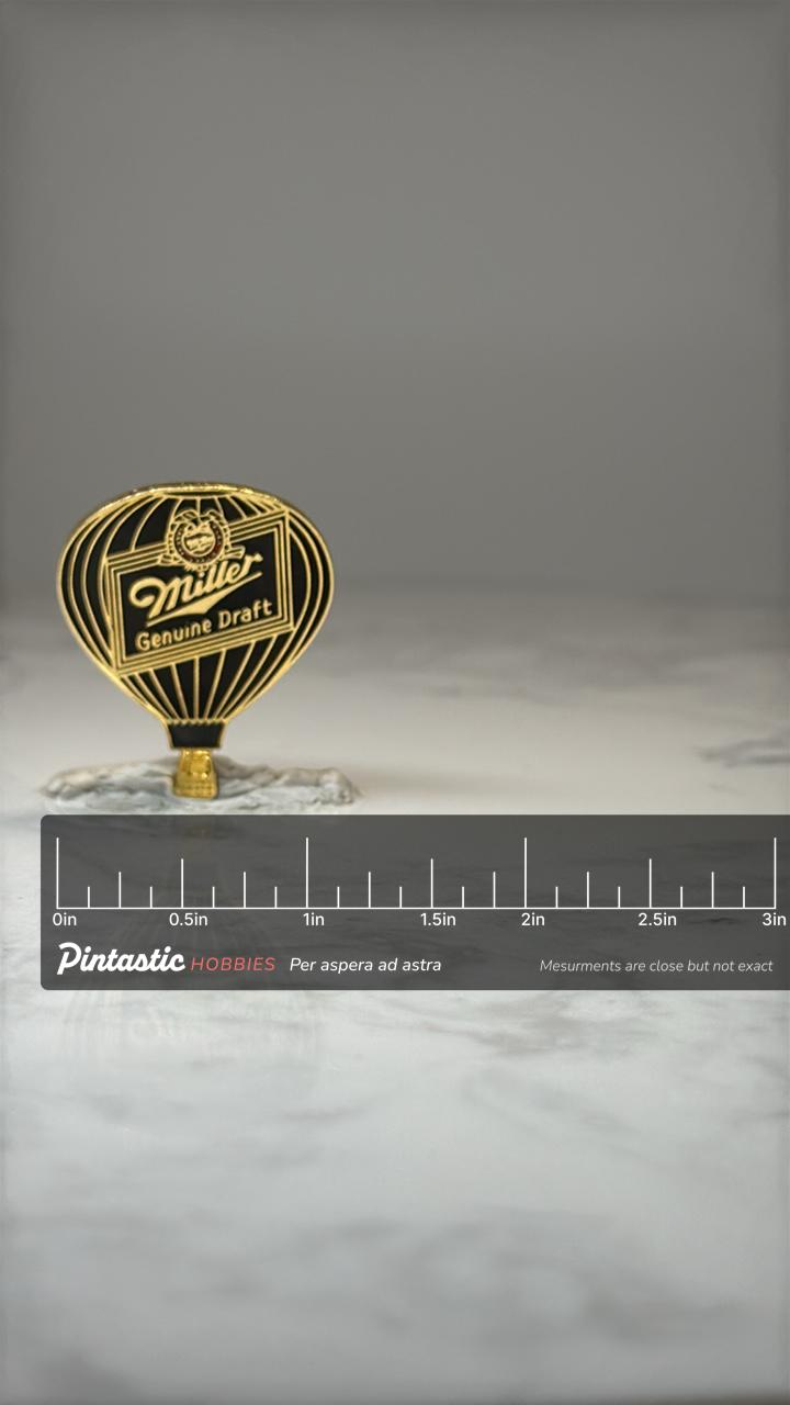 Vintage Miller Draft Balloon Pin: Black Gold Enamel - Beer Promo with ruler overlay for size reference