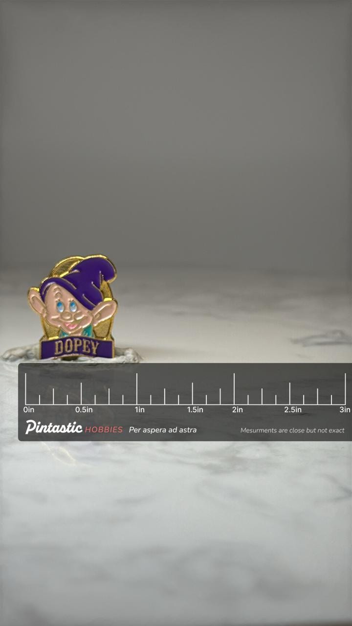 Vintage Dopey Character Pin: Purple Enamel Gold Tone - Disney Accessory with ruler overlay for size reference