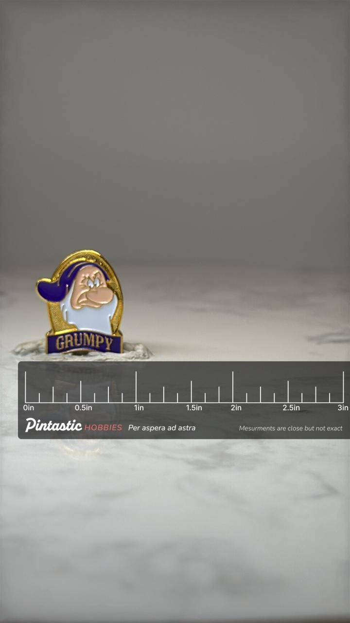 Vintage Disney Grumpy Character Pin: Gold Enamel - 1990s Accessory with ruler overlay for size reference