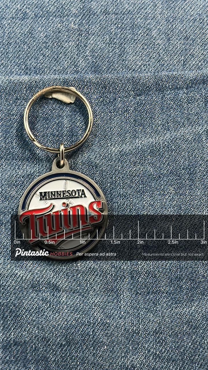 Vintage Minnesota Twins Keychain: Metal Enamel - MLB Sports Accessory with ruler overlay for size reference