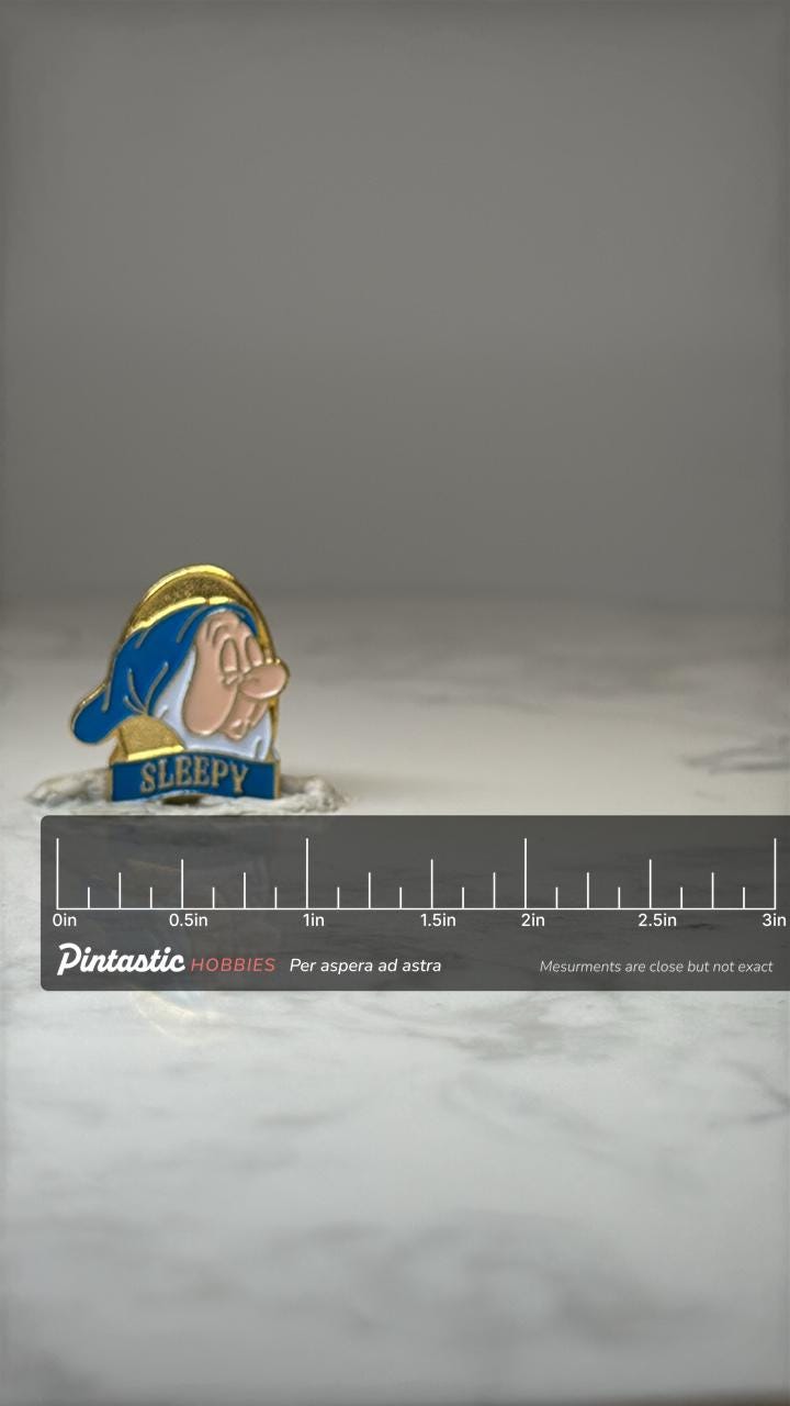 Vintage Disney Sleepy Dwarf Enamel Pin: Gold Tone - 1990s Accessory with ruler overlay for size reference