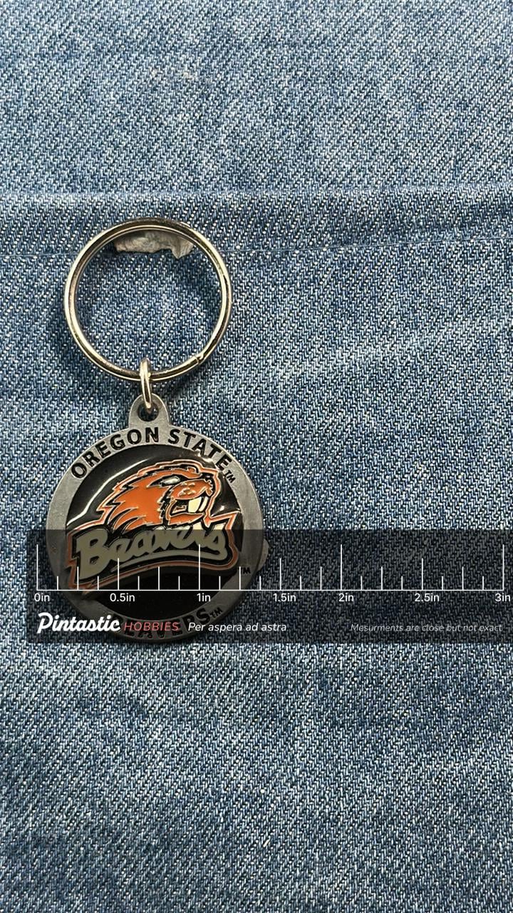 Vintage Oregon State Beavers Keychain: Metal Enamel - College Accessory with ruler overlay for size reference