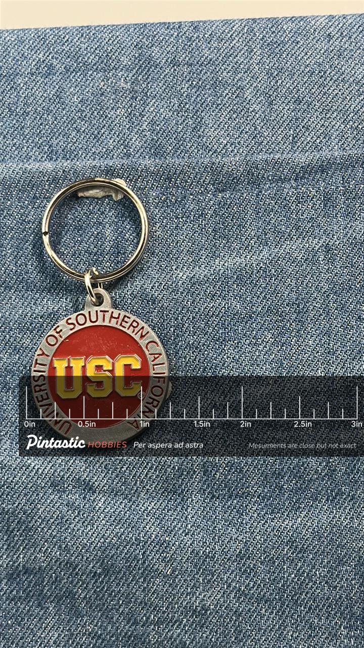 Vintage USC Keychain: Red & Gold Enamel - College Souvenir with ruler overlay for size reference