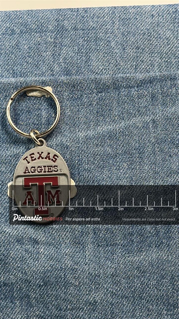 Vintage Texas Aggies Keychain: Metal & Enamel - College Accessory with ruler overlay for size reference