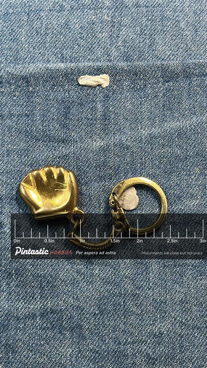 Vintage Baseball Glove Keychain: Gold Tone Metal - Sports Accessory with ruler overlay for size reference