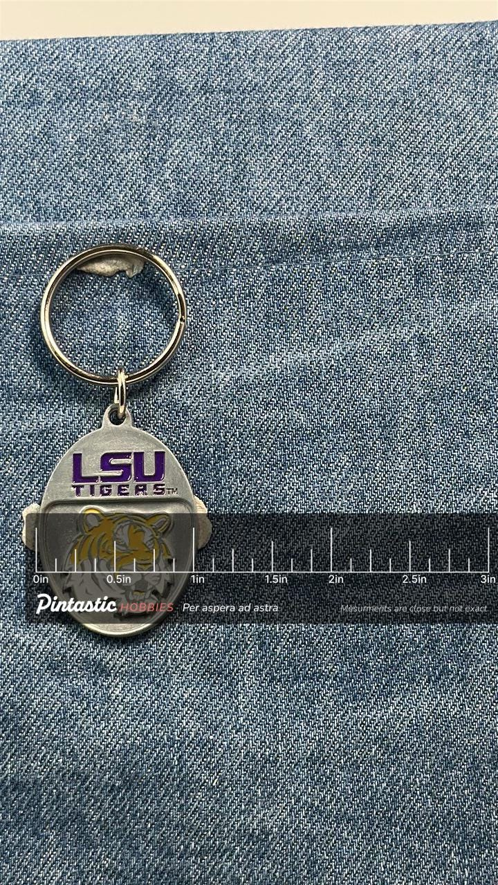 Vintage LSU Tigers Keychain: Silver Tone Metal - College Sports Accessory with ruler overlay for size reference