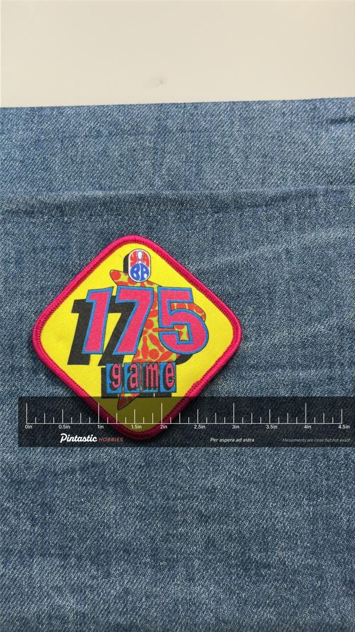 175 Game Bowling Patch: Neon Diamond - 1990s League Accessory with ruler overlay for size reference