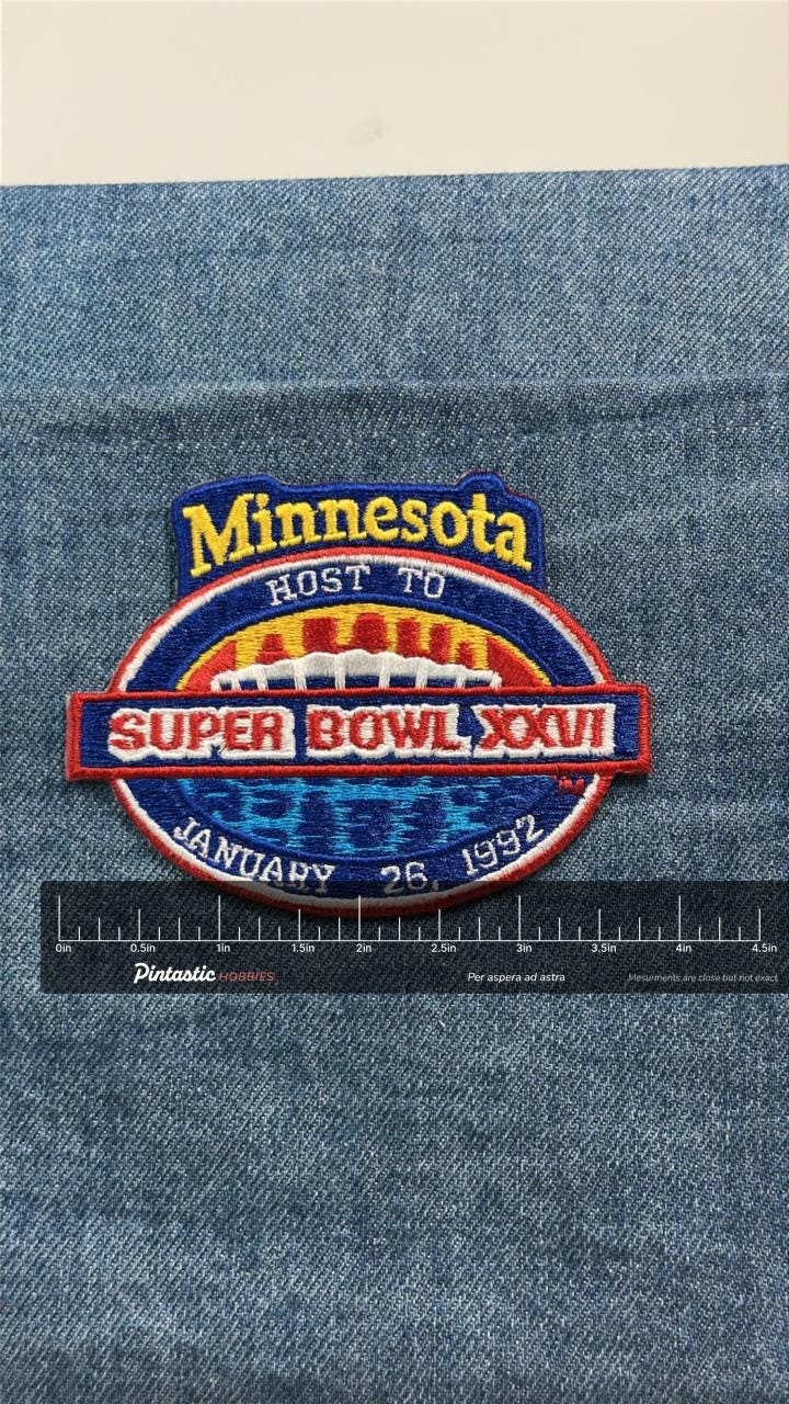 Minnesota Super Bowl XXVI Patch: Red Blue Vintage - 1992 NFL Accessory with ruler overlay for size reference