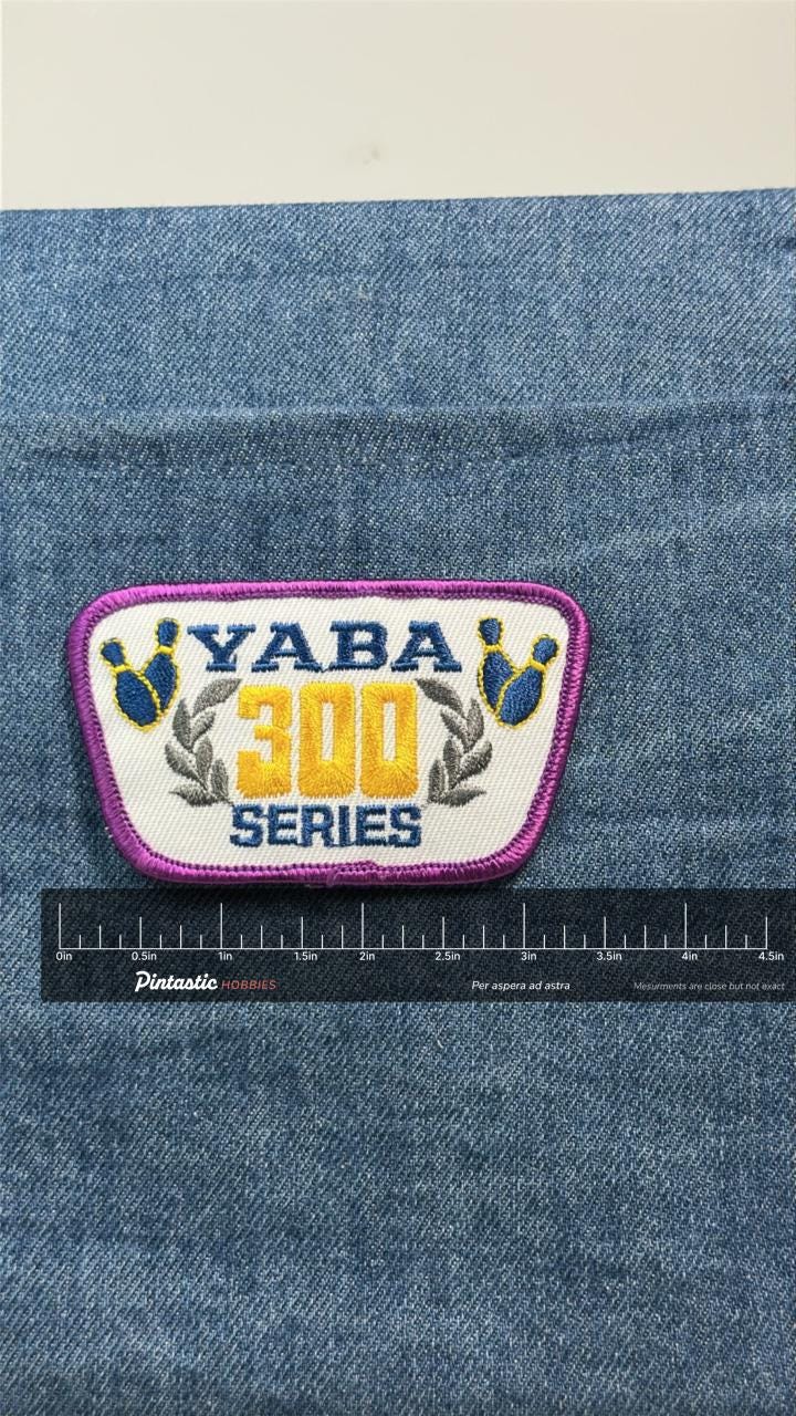 YABA 300 Series Patch: Purple Trim - Vintage Bowling Accessory with ruler overlay for size reference