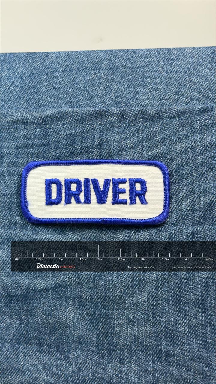 Driver Patch: Blue & White Name - Vintage Workwear Accessory with ruler overlay for size reference