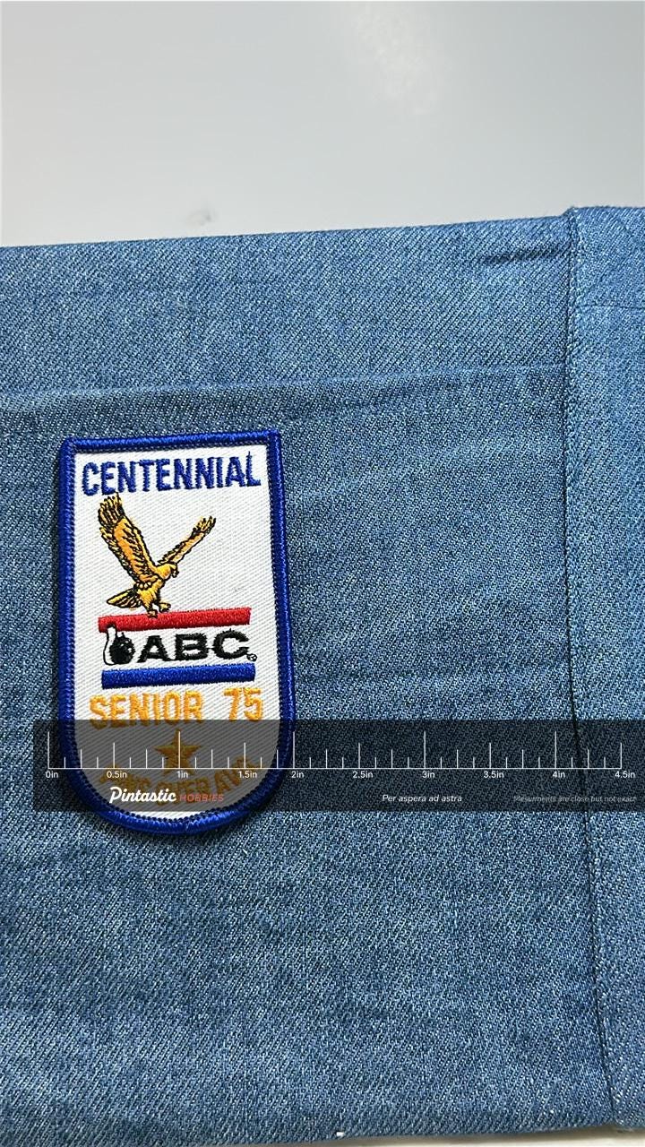 ABC Bowling Patch Centennial Senior 75 Pins Over Average Award Embroidered Patch with ruler overlay for size reference