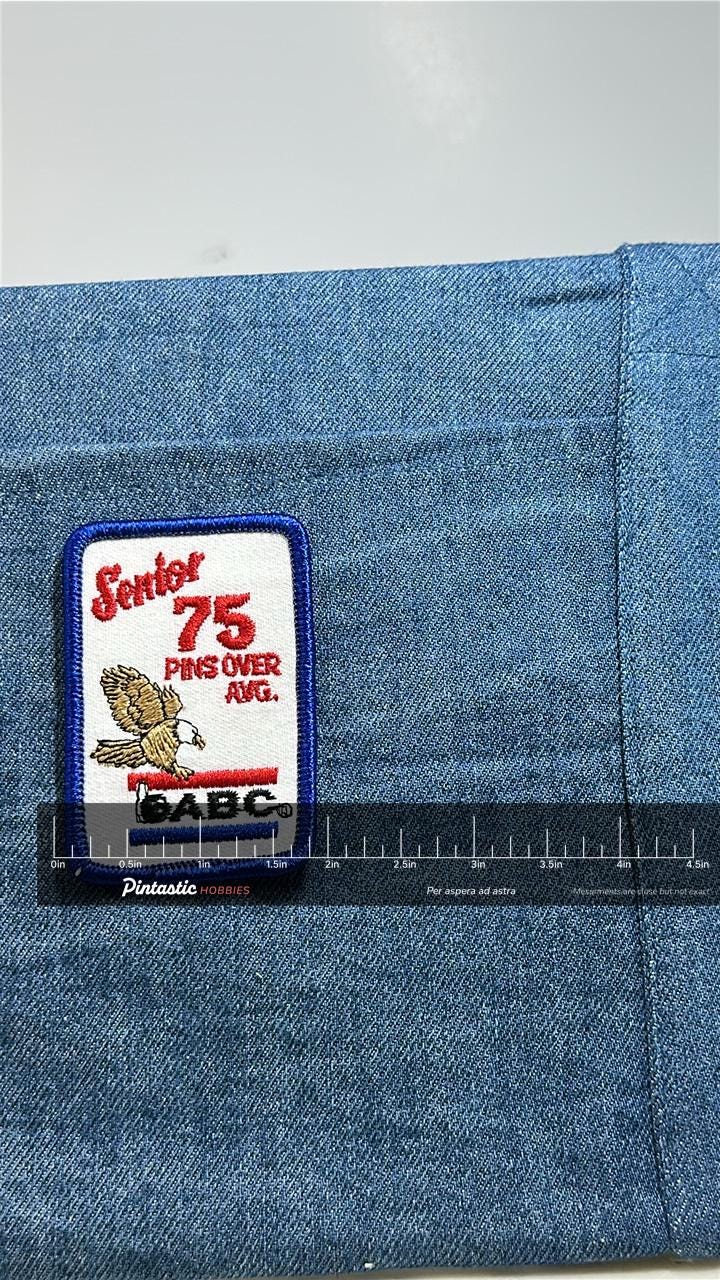 Senior 75 Pins Over ABC Patch: Blue Border - Vintage Bowler Award Accessory with ruler overlay for size reference