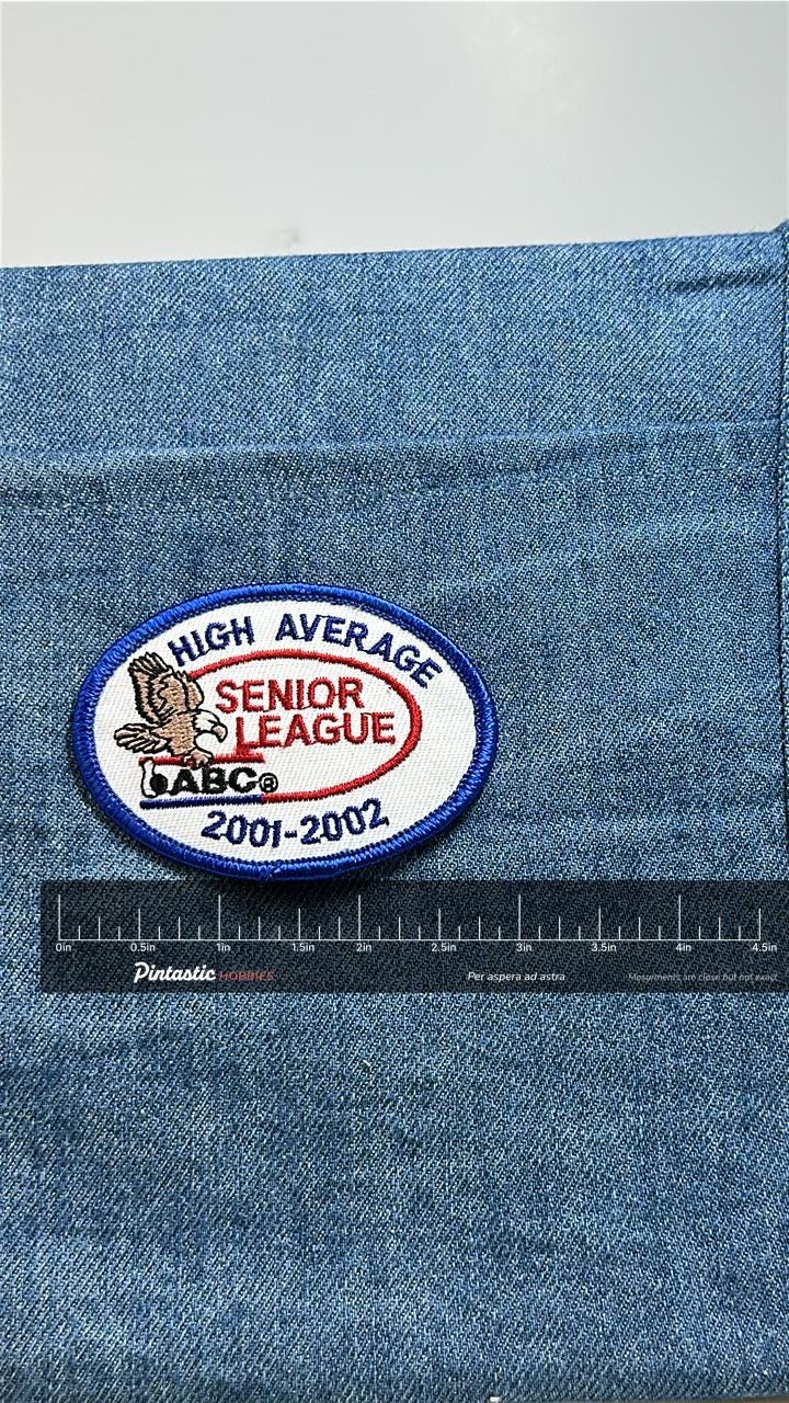 ABC Bowling Patch High Average Senior League 2001-2002 Vintage Bowling with ruler overlay for size reference