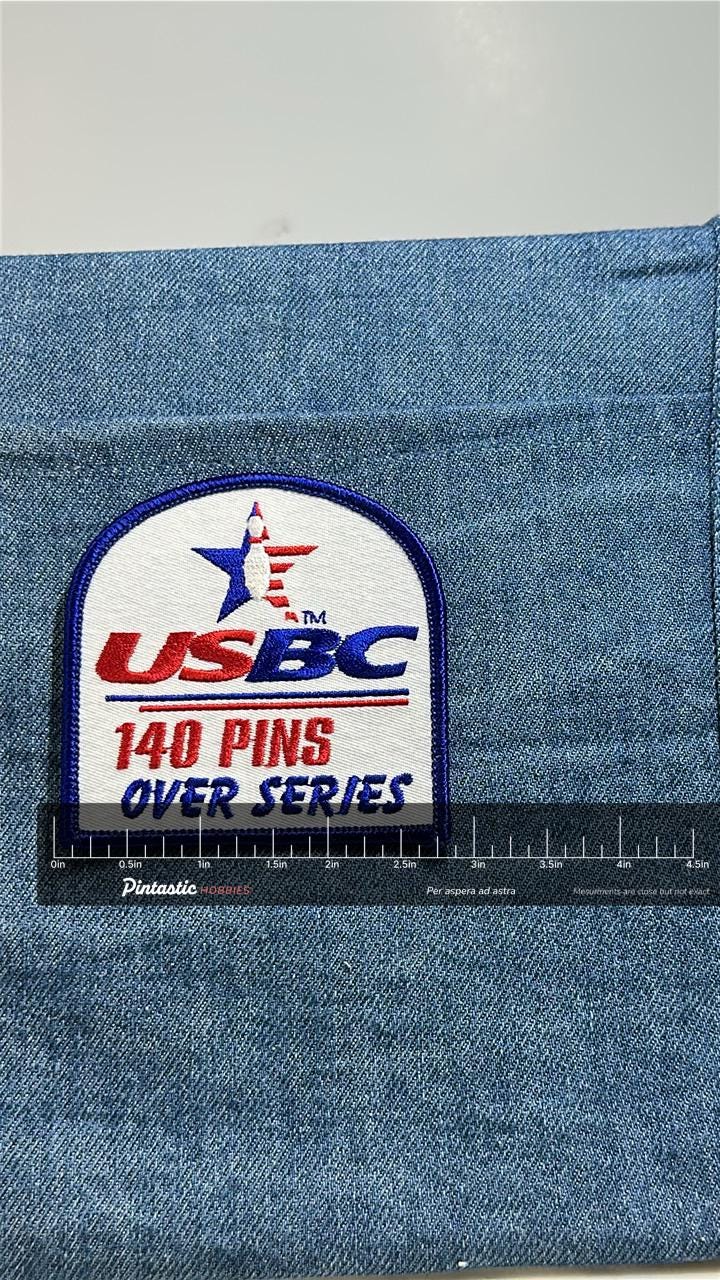USBC 140 Pins Over Series Patch: Red White Blue - Bowling Award Accessory with ruler overlay for size reference