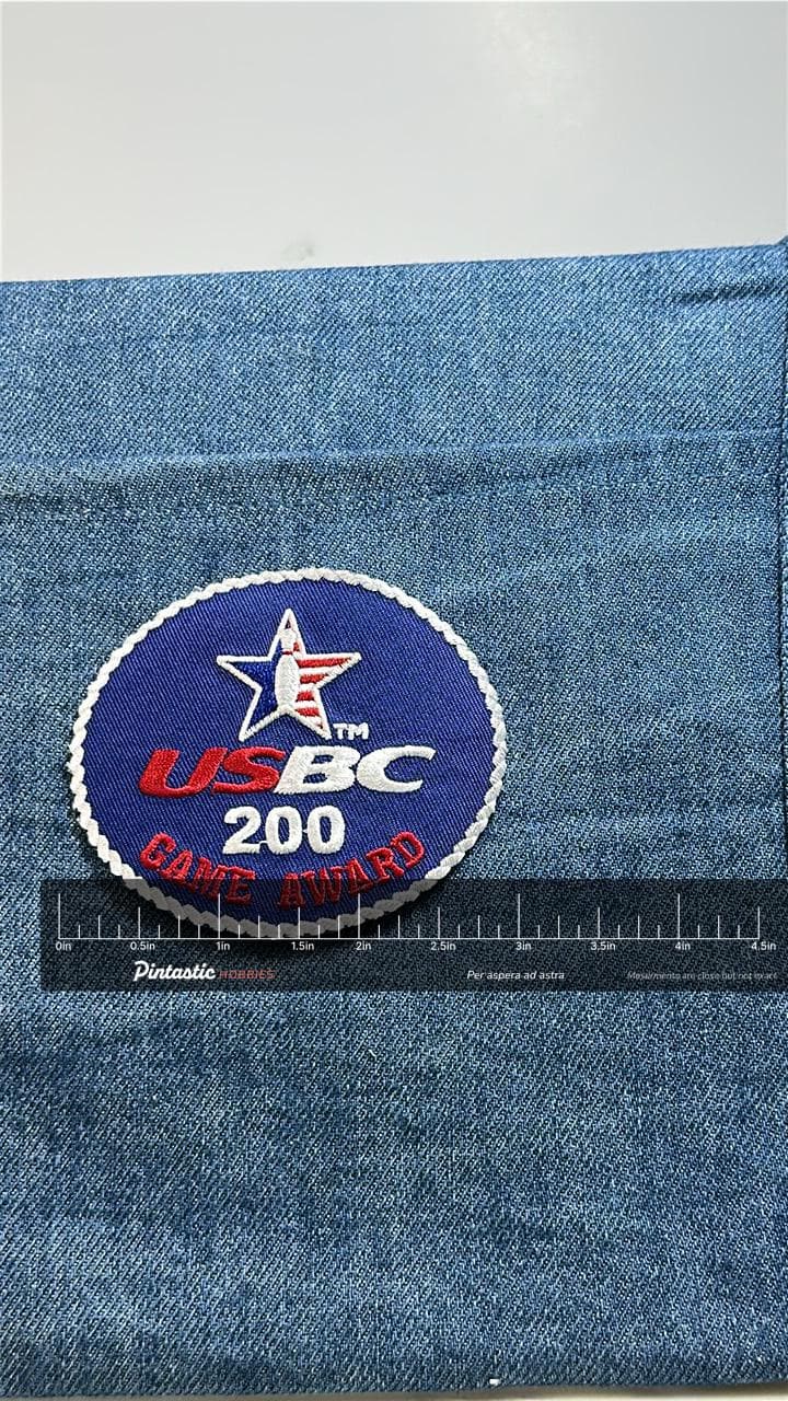 USBC 200 Game Award Patch: Red White Blue - Bowling Accessory with ruler overlay for size reference