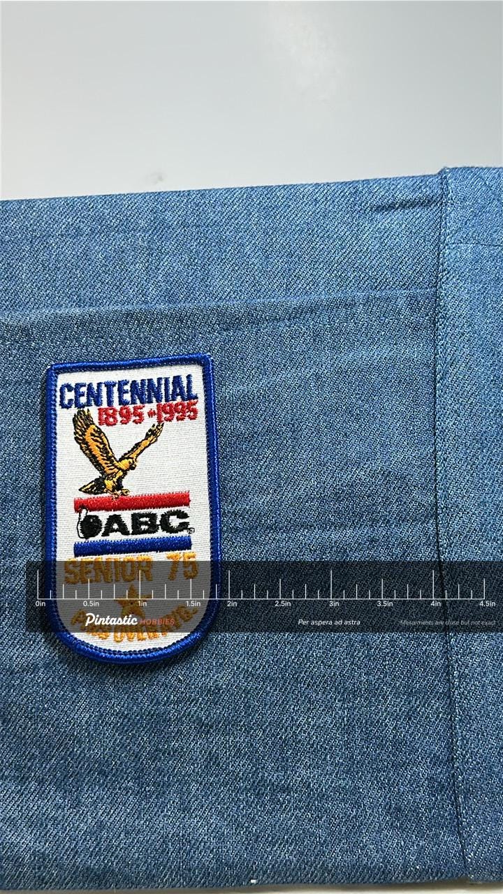 ABC Bowling Patch Centennial 1895-1995 Senior 75 Pins Over Average Vintage with ruler overlay for size reference