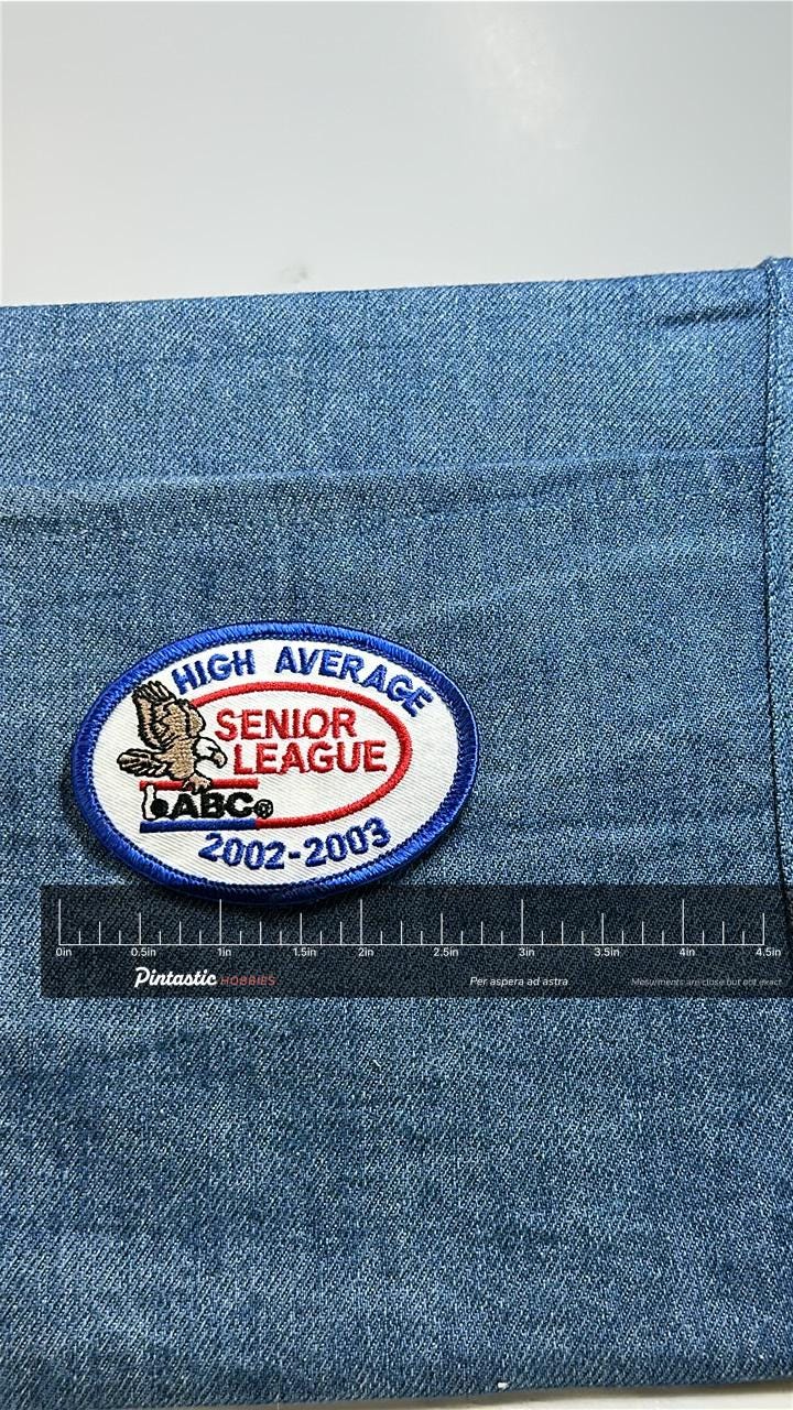 High Average Senior League Patch: Blue Border - 2002-2003 with ruler overlay for size reference