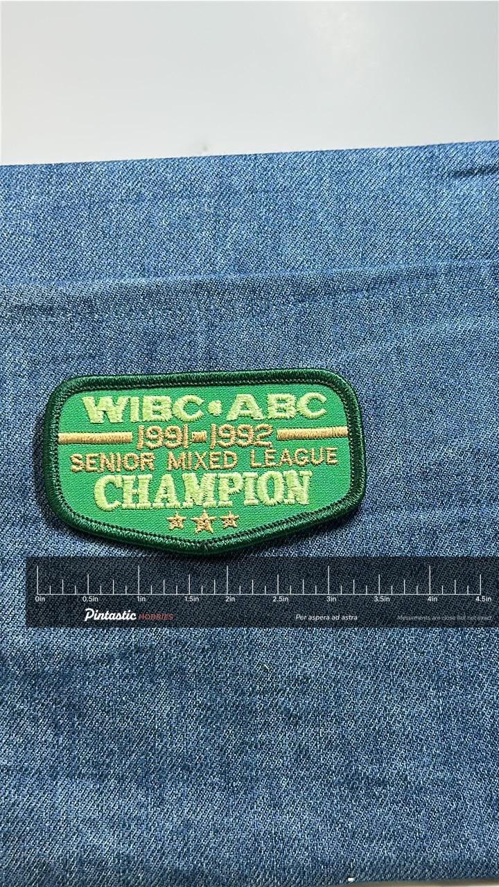 WIBC ABC Senior Mixed Champion Patch: Green Gold - 1981 Bowling Accessory with ruler overlay for size reference