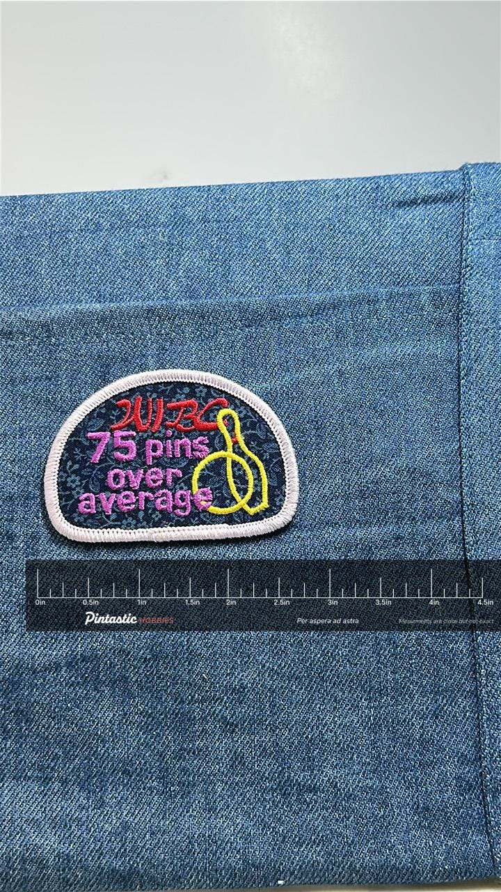 WIBC 75 Pins Over Average Patch Vintage Bowling Award Embroidered with ruler overlay for size reference