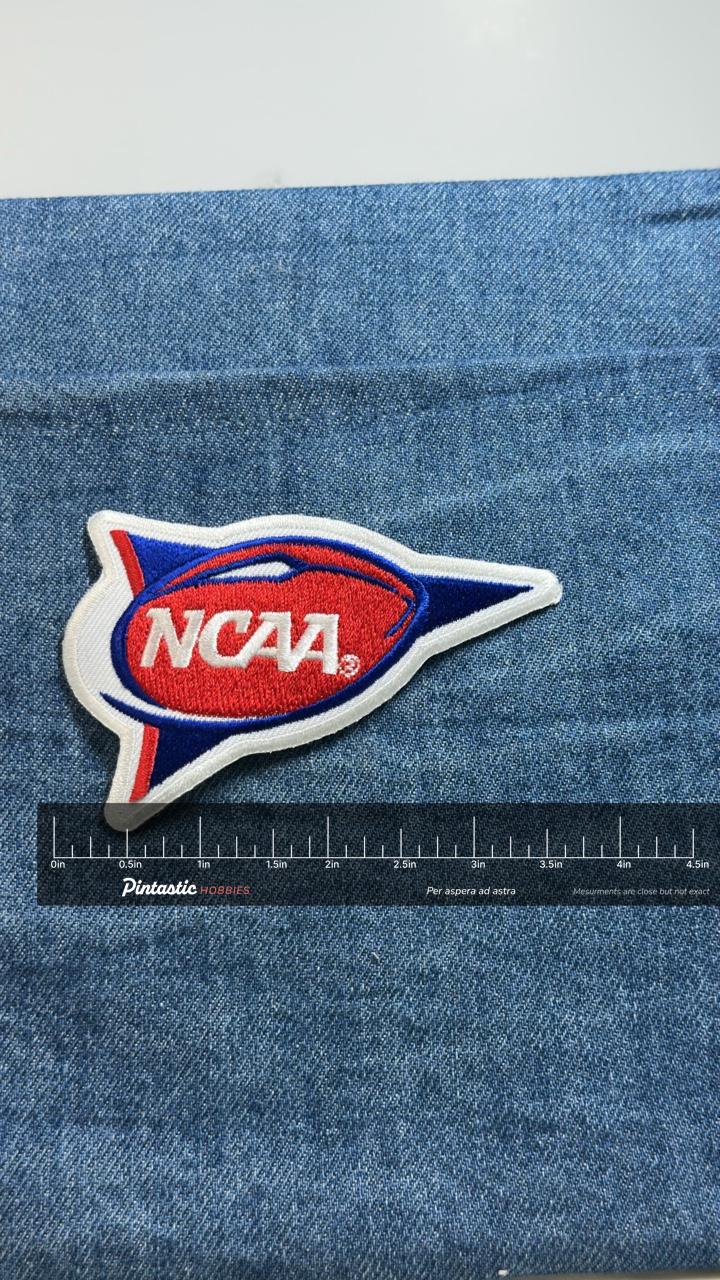 NCAA Logo Patch: Red Blue Vintage - College Sports Accessory with ruler overlay for size reference