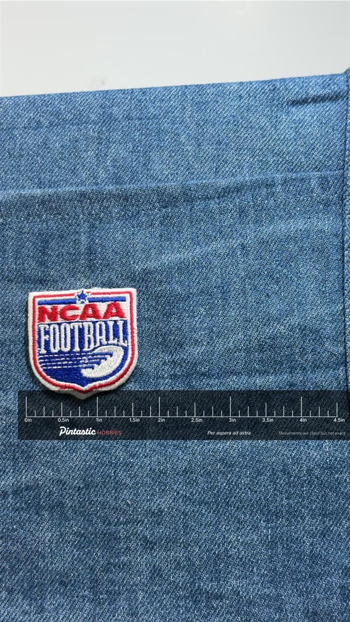 NCAA Football Patch: Red White Blue Shield - Sports Accessory with ruler overlay for size reference