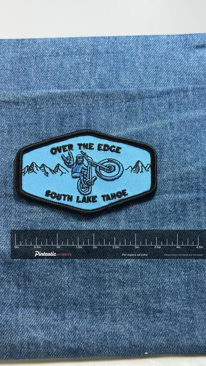 Lake Tahoe Over The Edge Patch: Blue Biker Design - Nature Accessory with ruler overlay for size reference