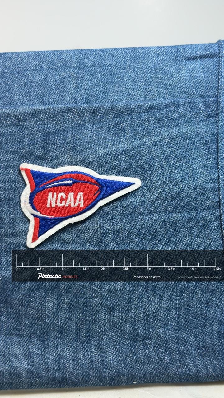 NCAA Logo Patch: Red White Blue Pennant - Sports Accessory with ruler overlay for size reference
