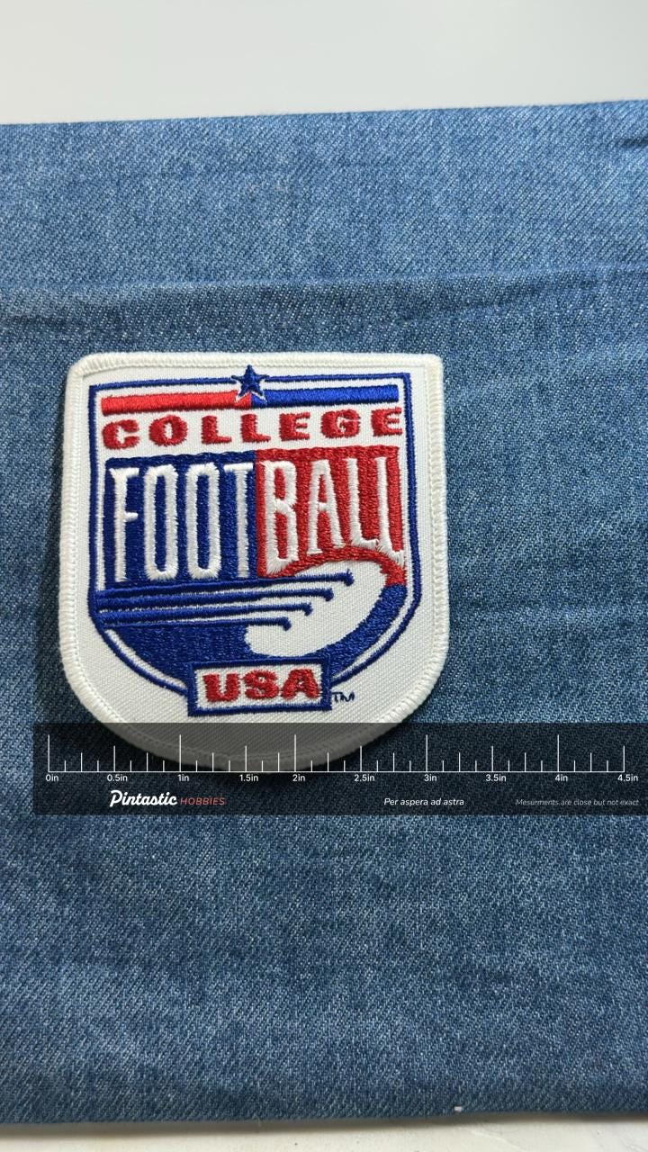 College Football USA Patch: Red White Blue - Sports Fan Accessory with ruler overlay for size reference