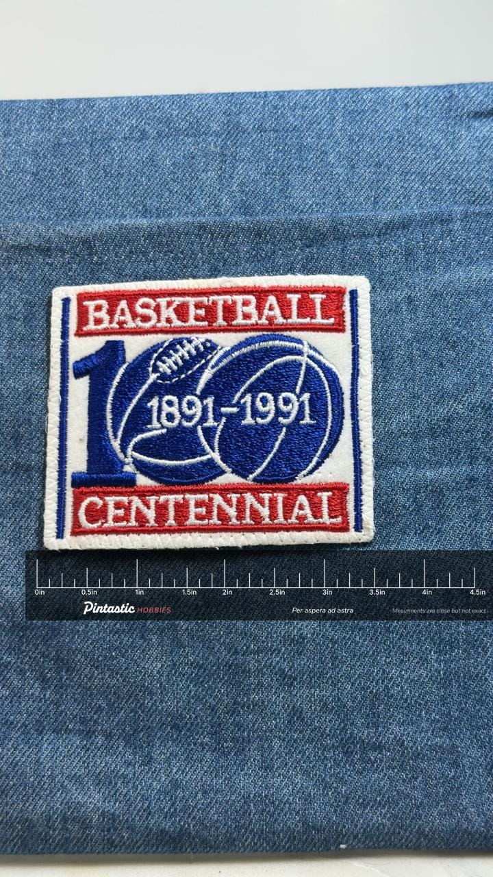 Basketball Centennial Patch: Red White Blue - 1891-1991 Accessory with ruler overlay for size reference