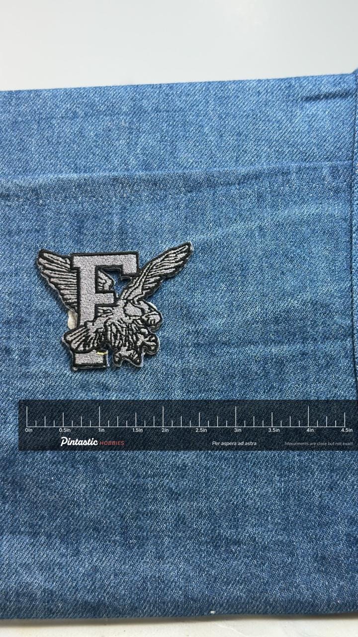 Letter F Eagle Patch: Black & Silver - Patriotic Monogram Accessory with ruler overlay for size reference