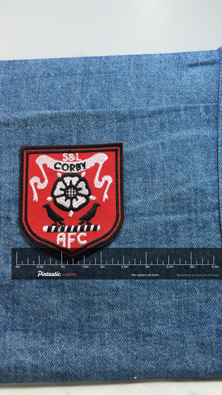 S&L Corby AFC Patch Soccer Football Club Crest Embroidered Sew On Patch with ruler overlay for size reference