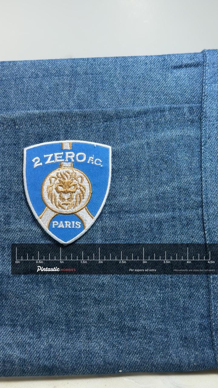 2 Zero FC Paris Patch: Blue Shield - Soccer Club Accessory with ruler overlay for size reference