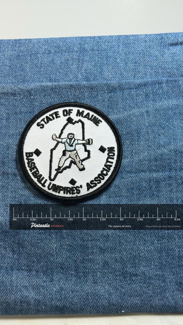 State of Maine Umpires Patch: Black White - Baseball Assoc with ruler overlay for size reference