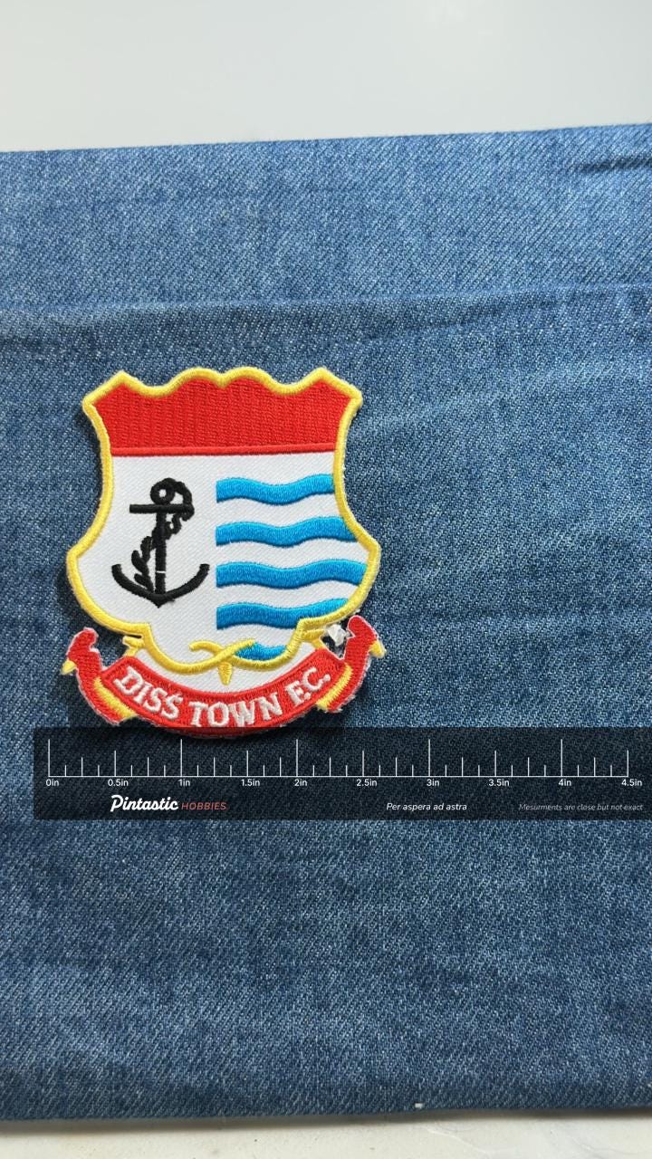 Diss Town FC Patch Soccer Football Club Crest Embroidered Sew On Patch with ruler overlay for size reference