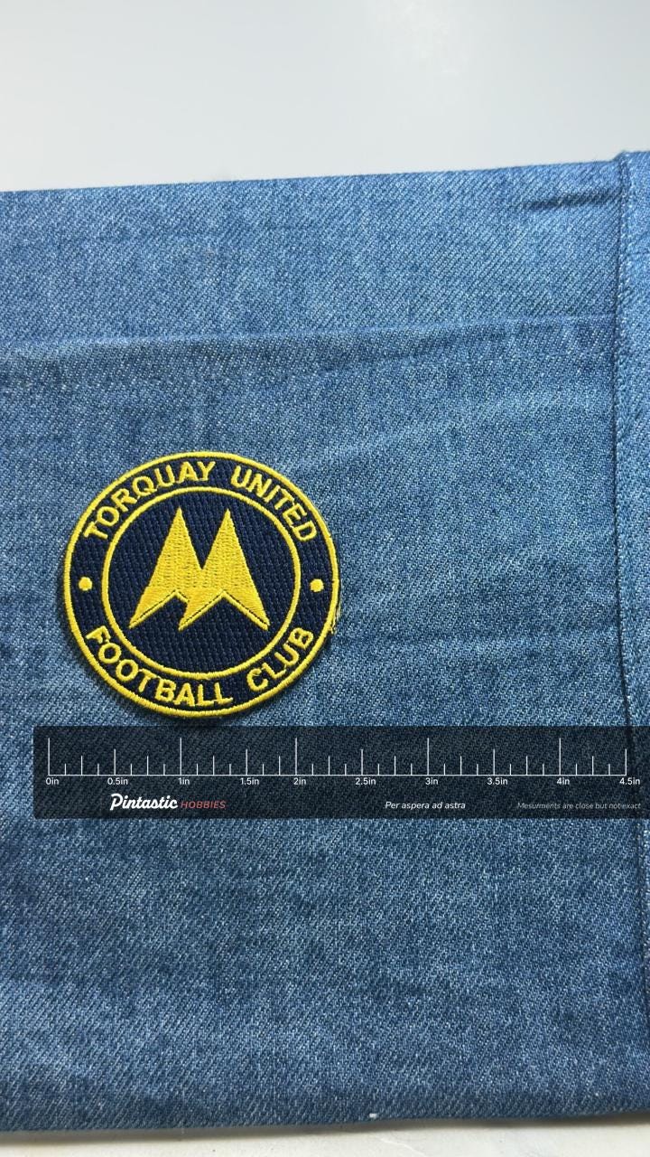 Torquay United Patch Football Club Crest Embroidered Soccer Sew On Patch with ruler overlay for size reference