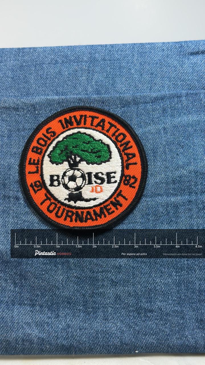 Le Bois Invitational Patch 1982 Boise ID Soccer Tournament Vintage Patch with ruler overlay for size reference