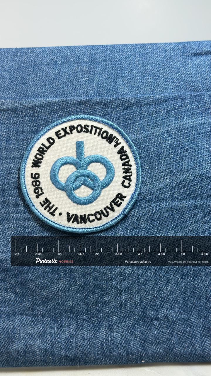 Expo 86 Vancouver Patch: Blue Logo - 1986 World Fair Accessory with ruler overlay for size reference