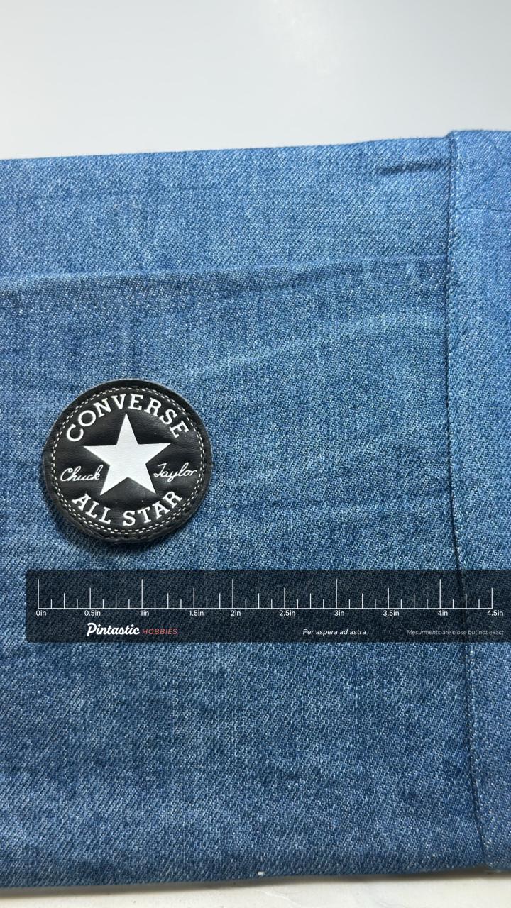 Converse All Star Patch: Black & White - Vintage Logo Accessory with ruler overlay for size reference