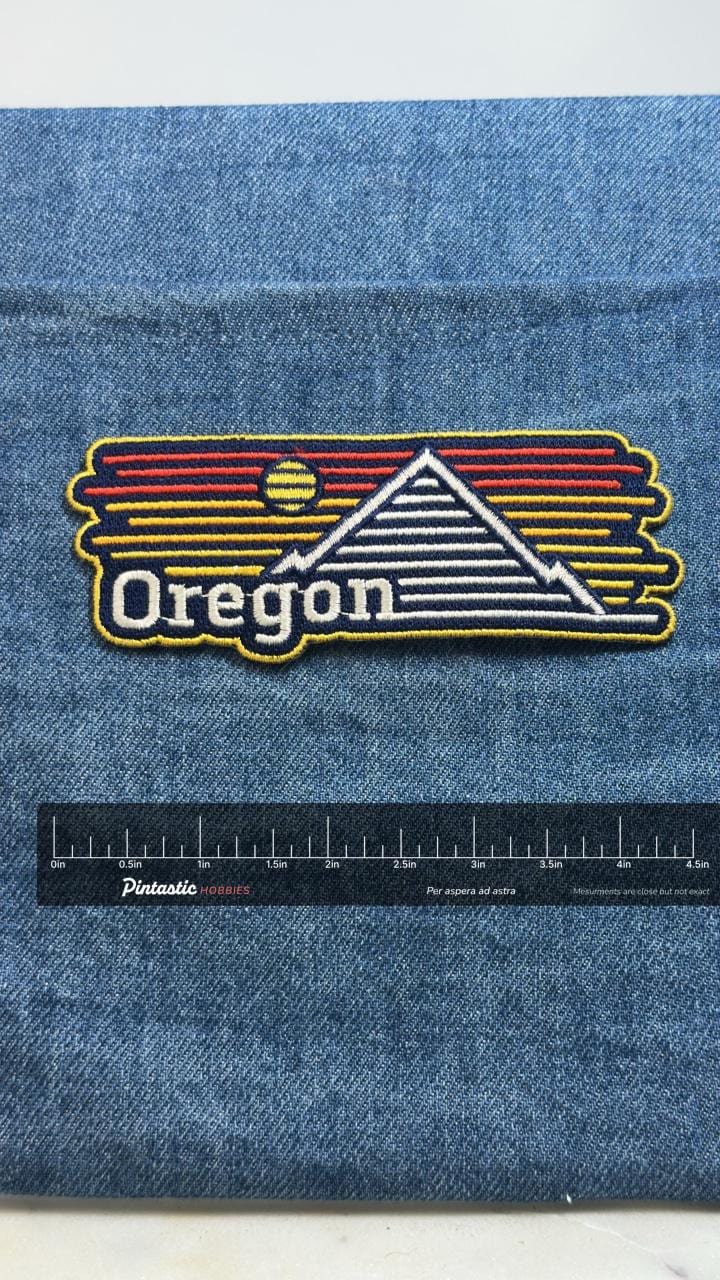 Oregon Scenic Sunset Patch: Retro Striped - Travel Souvenir Accessory with ruler overlay for size reference