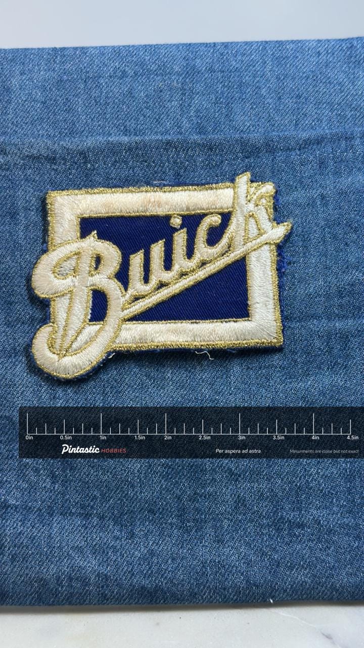 Busch Beer Patch: Blue & Gold Script - Vintage Bar Accessory with ruler overlay for size reference