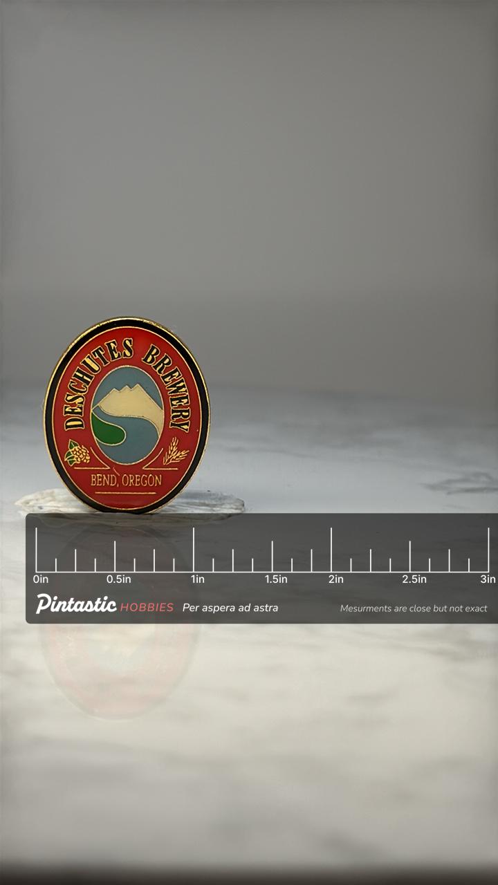 Vintage Deschutes Brewery Enamel Pin: Red Gold - Beer Accessory with ruler overlay for size reference