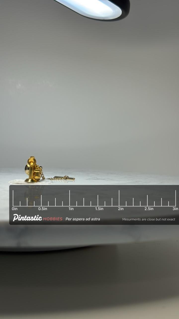 Vintage Telephone Tie Tack Gold Tone Retro Desk Phone Lapel Pin Chain Clutch with ruler overlay for size reference