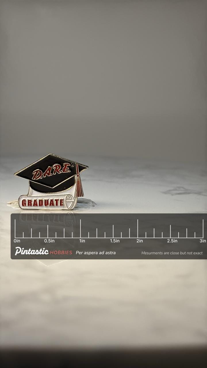 Vintage DARE Graduate Lapel Pin: Enamel Cap Design - School Accessory with ruler overlay for size reference