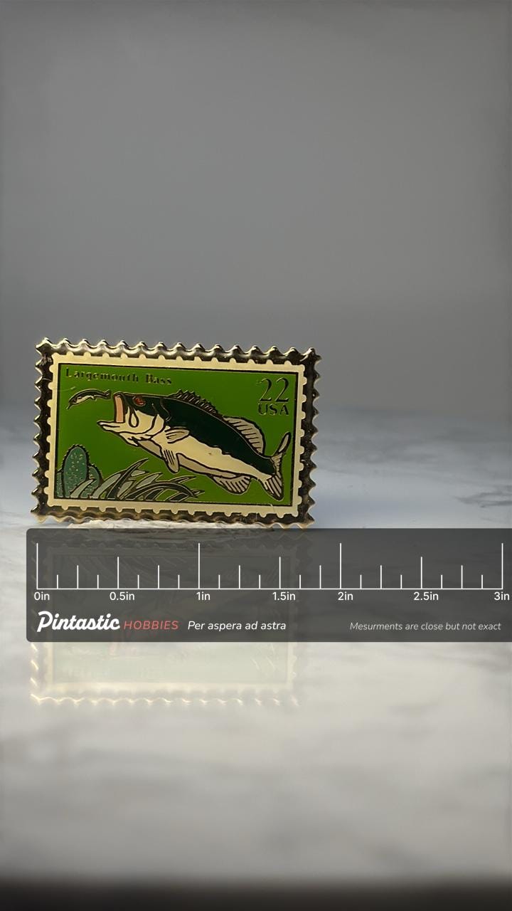 Vintage Largemouth Bass Stamp Pin: Gold Tone - 1980s Fishing Accessory with ruler overlay for size reference