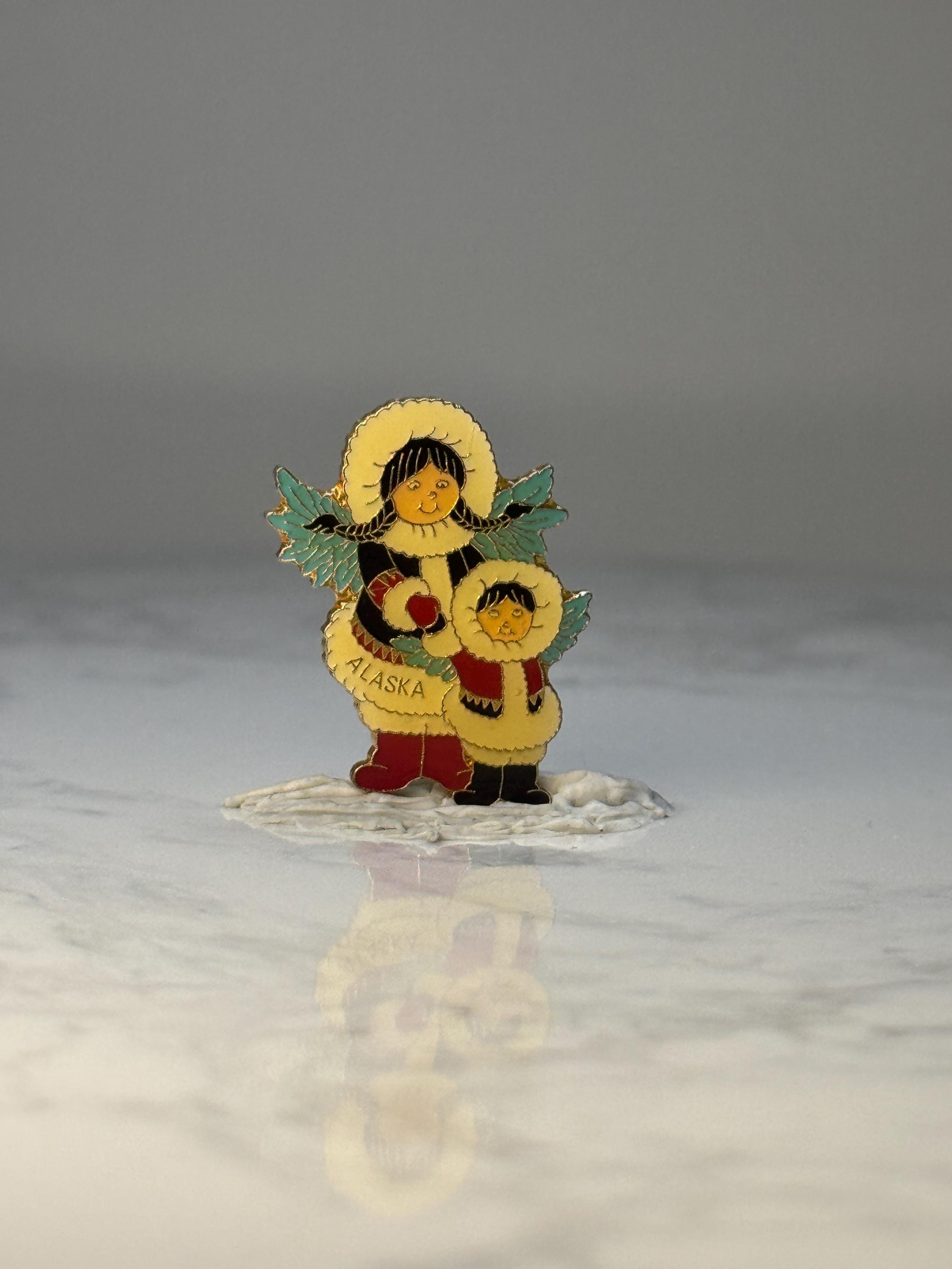Vintage Alaska Eskimo Angel Lapel Pin: Enamel Gold Tone - Souvenir Accessory