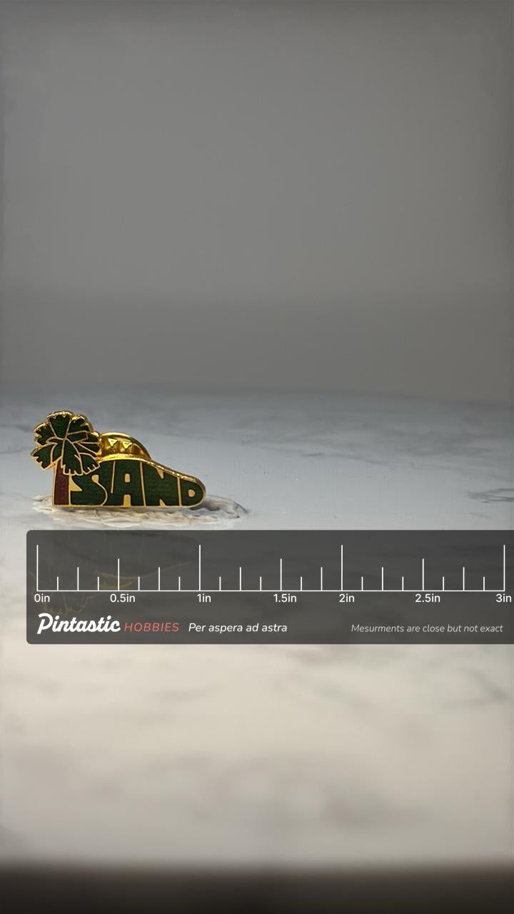 Vintage Island Souvenir Lapel Pin: Green Enamel Gold - Tropical Accessory with ruler overlay for size reference